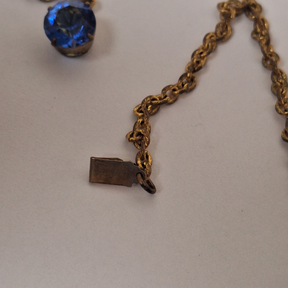 Antique Riviere Art Deco Gold Tone Sapphire Blue Glass Necklace 15" 1920s 1930s - Picture 8 of 16